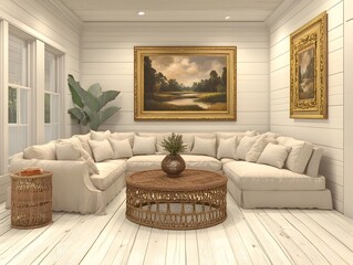 Captivating 3D Rendered Farmhouse Great Room with Whitewashed Wooden Floors Overstuffed Sectional Rattan Coffee Table and Ornate Gilded Frame with Landscape Artwork