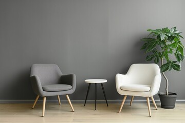 Grey wall background with comfortable armchairs in elegant design. Modern furniture with fabric material and minimalist style. Cosy lounge room idea for indoor living space.