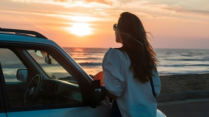 Cinematic Photo of a Woman by a Car, Watching a Sunset during a Summer Road Trip on an Italian Beach, Embracing Freedom and Adventure