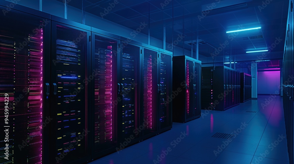 Aufkleber Darkened data center interior with rows of operational server racks under neon blue, pink. Fully equipped computer systems, network infrastructure support cloud computing, artificial intelligence,
