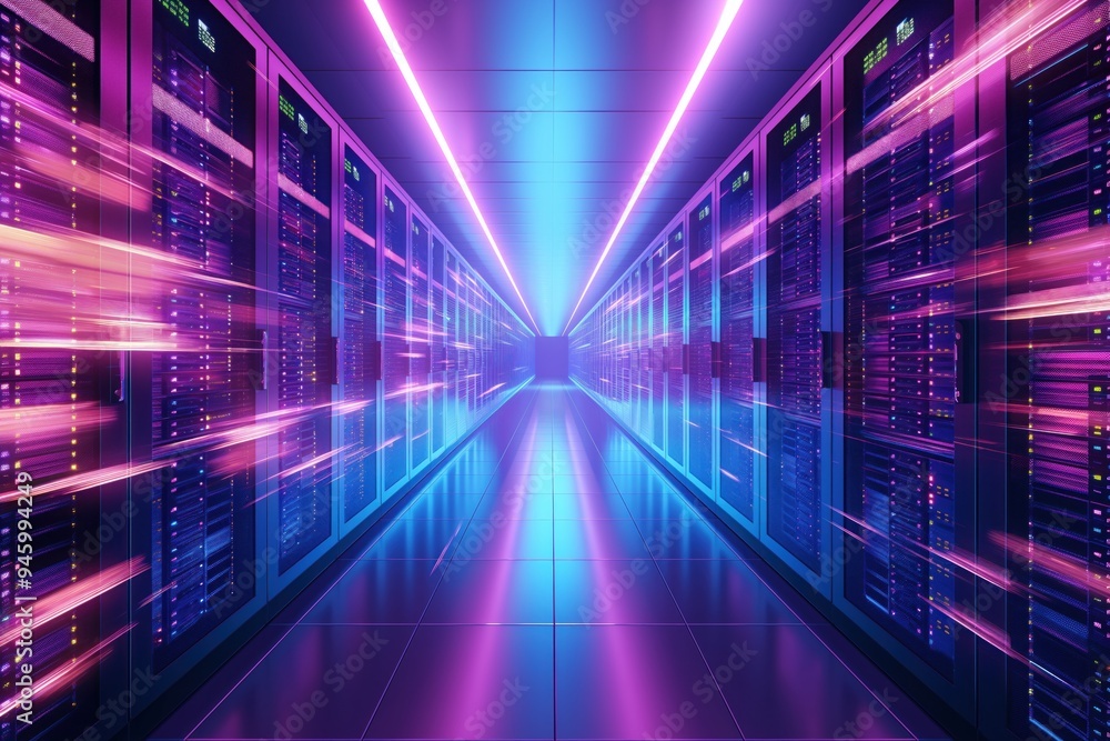 Poster Data center room with bright speed through corridor. Row of servers in modern datacenter with network system technology for storing, hosting databases. Bright blue, pink neon lights create halo