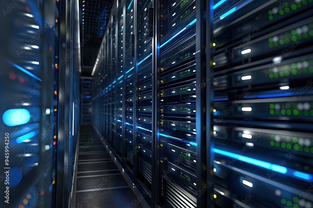 Poster Row of server racks in a data center room with a futuristic background. Server equipment and terminal units are installed on the rack shelves. The corridor has a door with a digital display.