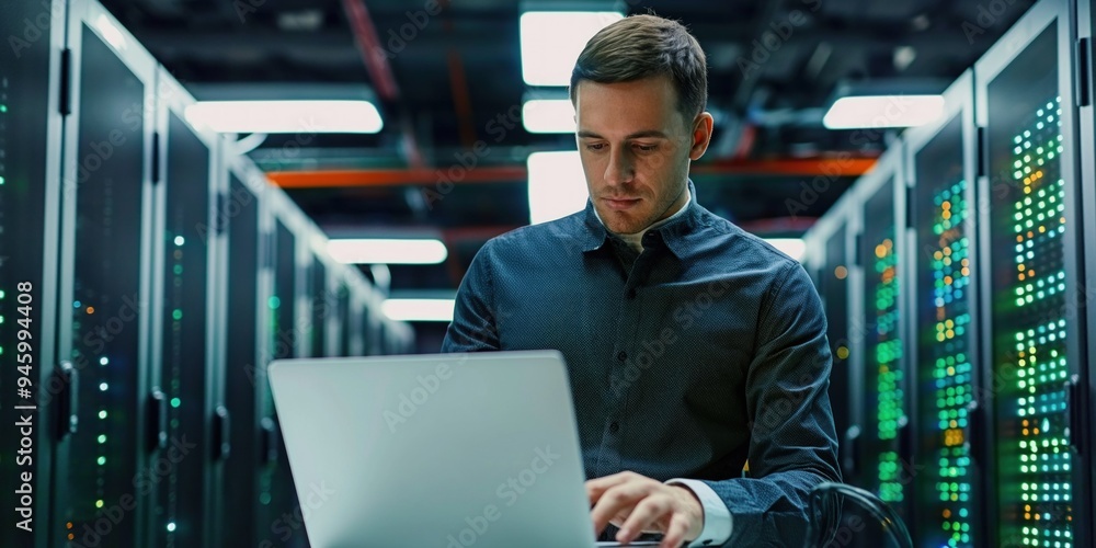Aufkleber Man system administrator works in server room typing on laptop computer connected to network of servers. Pro male engineer manages digital operation of database center.