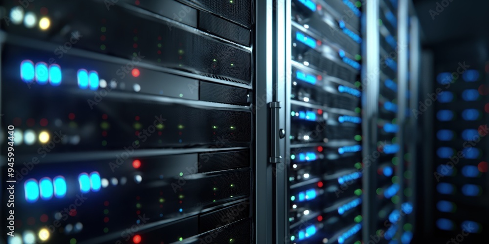 Aufkleber Blade servers in datacenter room with ethernet cables connected to network systems. Data storage hardware infrastructure for web hosting and business applications.