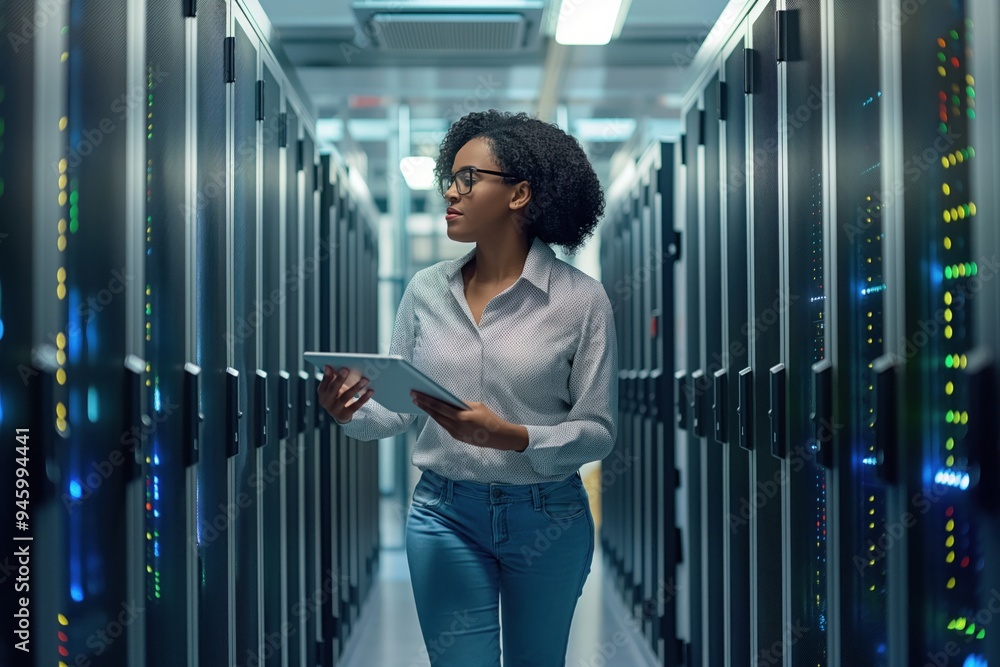 Poster african american woman in data center corridor checks server hardware on racks using tablet for diag