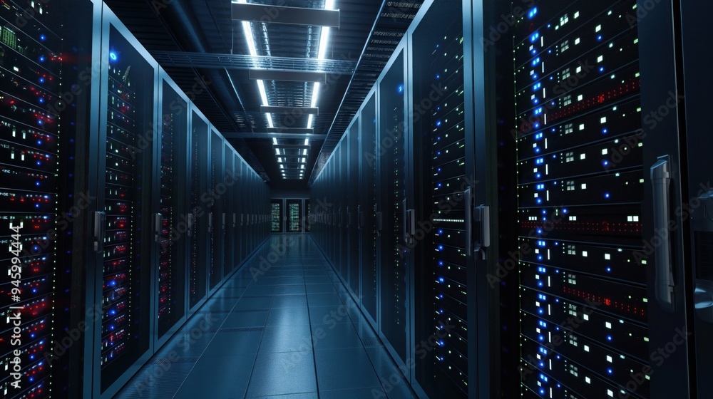 Poster server room with rows of black servers in grid pattern, blue lights on each server. soft light casts