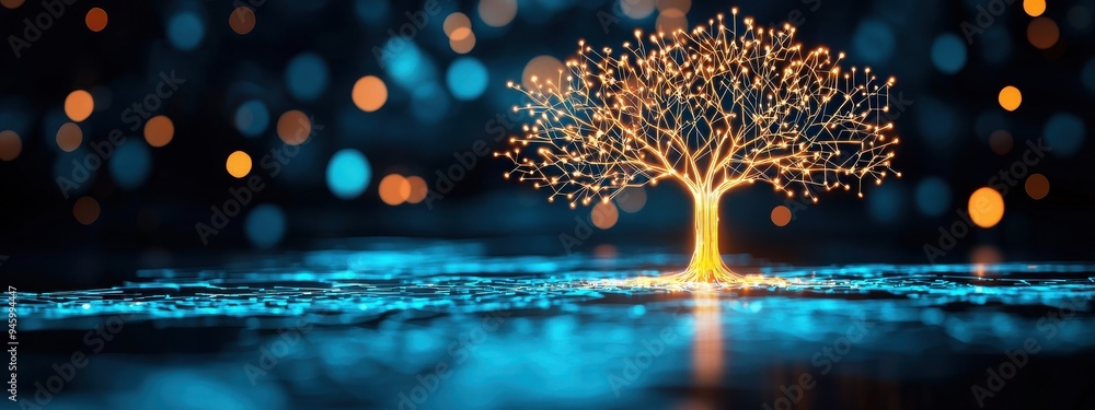 Poster technological tree with roots in traditional tools and branches leading to advanced ai, iot, and clo