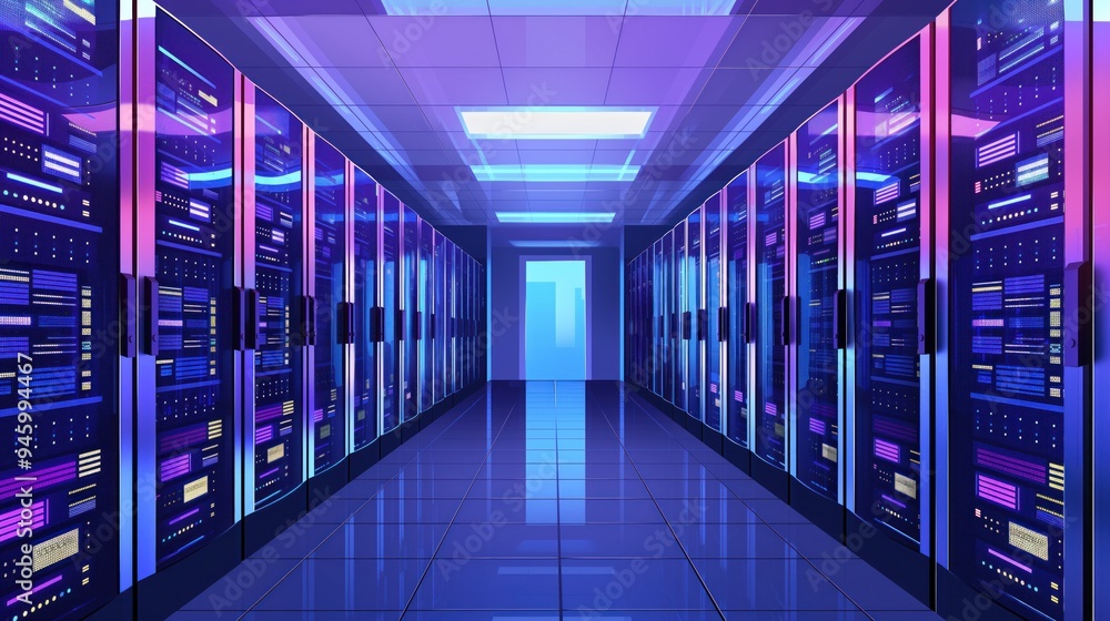 Aufkleber server racks in modern data center room with high-tech networking equipment. rows of computer hardwa