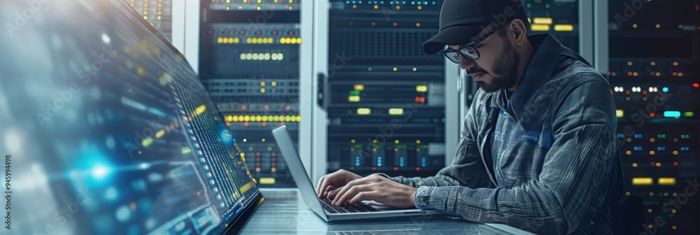 Poster Computer engineer works on laptop in server room with data center background. IT specialist manages database, artificial intelligence, big data storage solutions.