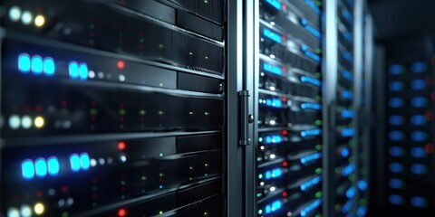 Blade servers in datacenter room with ethernet cables connected to network systems. Data storage hardware infrastructure for web hosting and business applications.