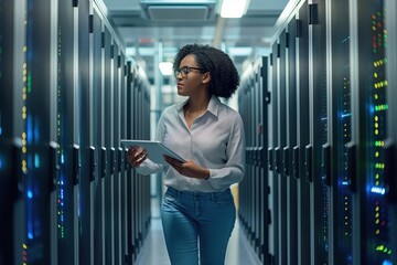 African American woman in data center corridor checks server hardware on racks using tablet for diagnostic purposes. She is an IT pro with expertise in network and system management.