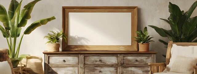 Charming 3D rendered farmhouse living room vignette featuring a wooden photo frame mockup earthy tones weathered wood furniture potted plants and natural accents creating a cozy rustic