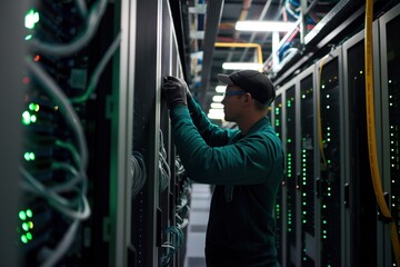 Adult male technician inspects server racks in data center. Server room equipment, computer hardware, networking devices, cable management. Maintenance, operation, technical work.