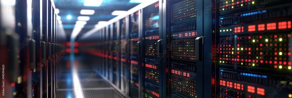 Poster Computer equipment in a server room data center. Rows of computer racks store information, hosting mainframe systems for network connection, database storage, and backup infrastructure.