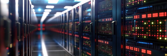 Obraz premium Computer equipment in a server room data center. Rows of computer racks store information, hosting mainframe systems for network connection, database storage, and backup infrastructure.