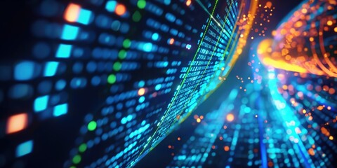 Futuristic digital flow with dynamic pattern of power rays and light. Information concept in technology background. Data transferring through fiber optic network, computer servers and cyberspace.