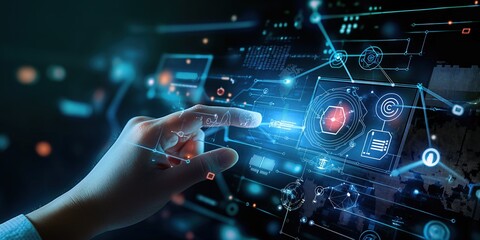 User hand touches digital interface with icons and elements on dark background. Hand points towards left corner, interacting with vibrant colors of the screen.