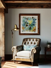 Charming 3D rendered pastoral living room with reclaimed wood beams overstuffed leather armchair vintage brass table lamp and antique wooden frame displaying abstract painting