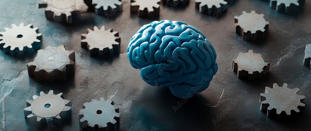 Poster a blue digital brain with gears and cogs, representing the inner thoughts of an ai in the process of