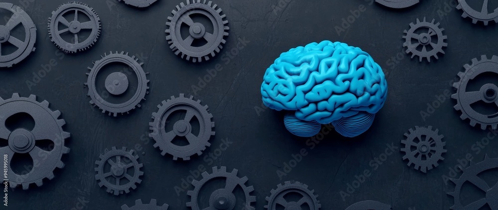 Poster digital brain with gears and cogs, representing the inner thoughts of an ai system. dark background 