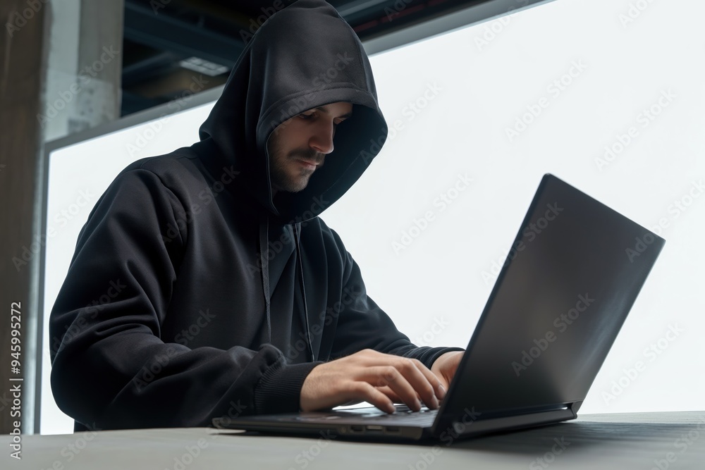 Poster man in black hoodie sits alone in dimly lit room typing on laptop screen displaying code. dark backg