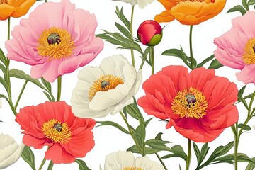 Fototapeta premium Flower wallpaper design with large pink, red and yellow flowers on a white background