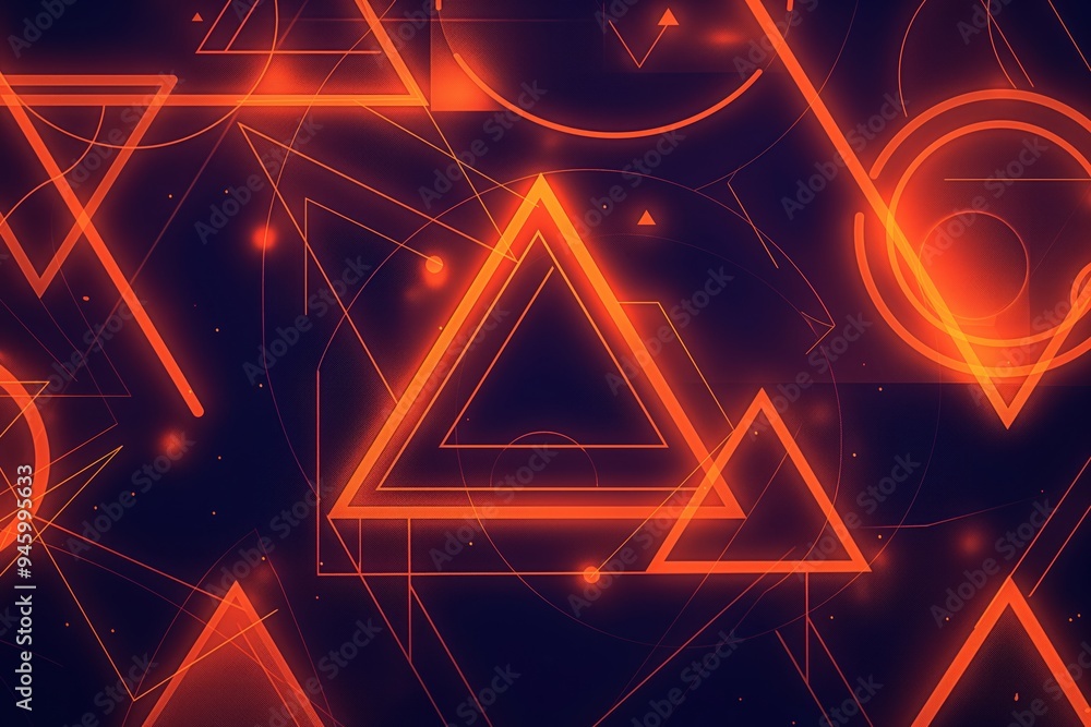 Aufkleber neon orange geometric shapes glow in vibrant dynamic pattern against dark background. triangles, cir