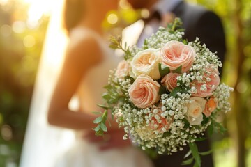 Close-up of beautiful wedding bouquet with bride and groom in blurred background. Fresh flowers, elegant arrangement, romantic atmosphere, love, celebration.