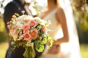 Beautiful wedding bouquet in close-up with bride and groom blurred background. Elegant flowers, romantic arrangement, perfect for marriage ceremony, couple, love story.