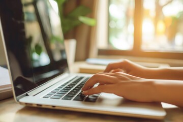 Female hands typing on laptop screen with notepad nearby. Close-up of fingers working on computer keyboard. Woman studies online course material, planning work tasks.