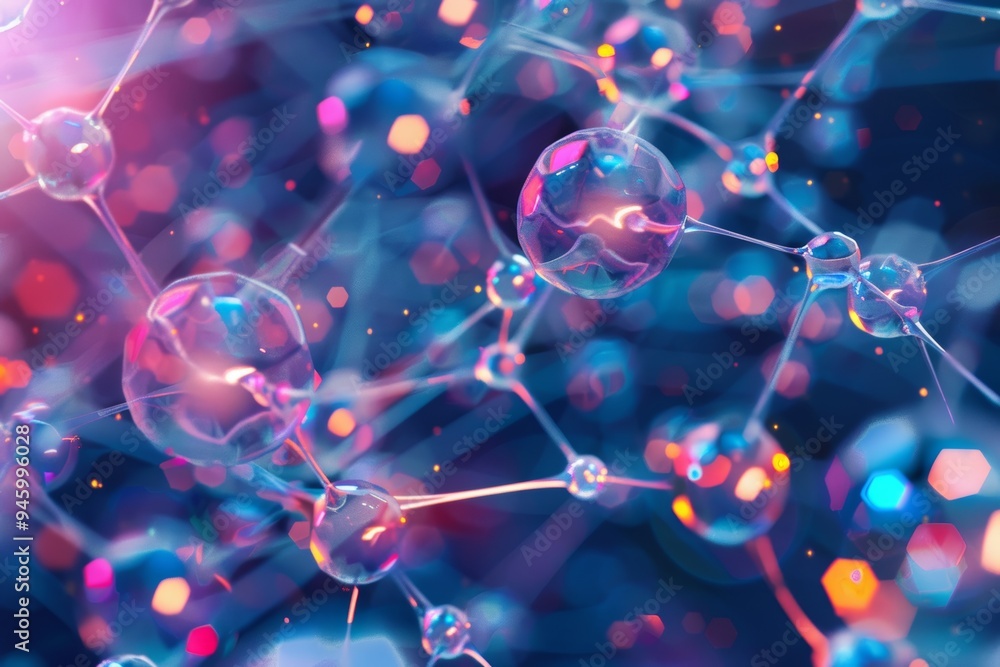 Wall mural abstract representation of molecular structure with glowing atoms and connecting bonds, featuring vi