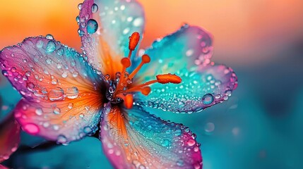 Fototapeta premium A macro shot of a flower with dewdrops on its petals and a pastel-colored bloom in the backdrop