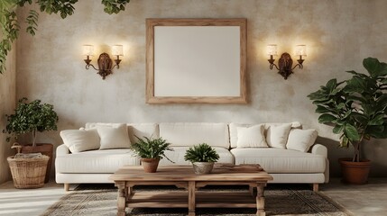 Charming farmhouse great room featuring a neutral linen sectional and wooden coffee table accented with antique wall sconces potted plants and a simple wood frame with botanical details
