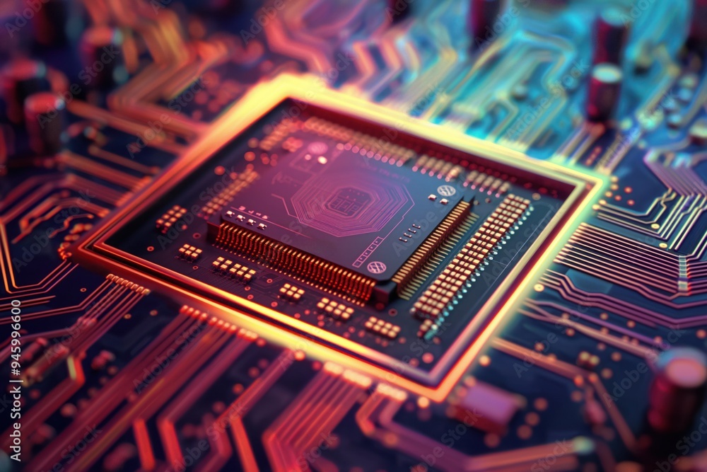 Aufkleber Close-up of electronic chip on circuit board. Tiny microchip details revealed. Integrated circuits digital technology processor computer hardware component industry innovation.
