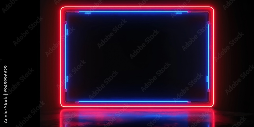 Poster blue and red neon frame against dark background with negative space for advertising or promotion. bl