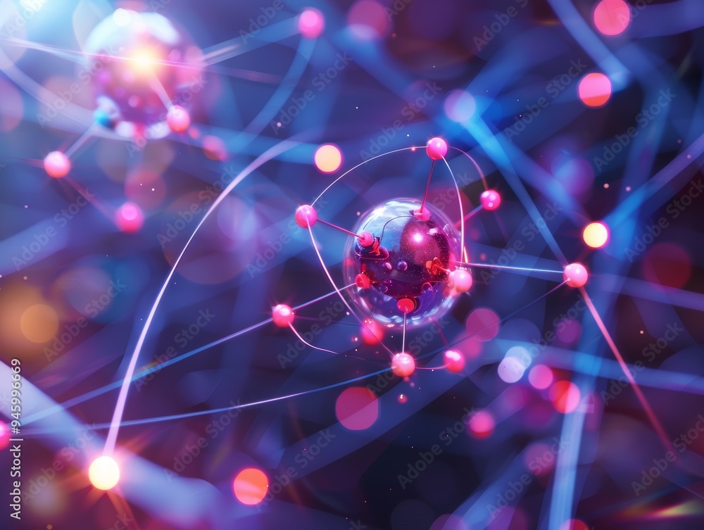 Wall mural abstract visualization of an atom with energetic electrons orbiting a nucleus, representing the fund