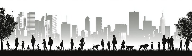 The stock image depicts multiple black silhouettes of people playing with their children in the park.