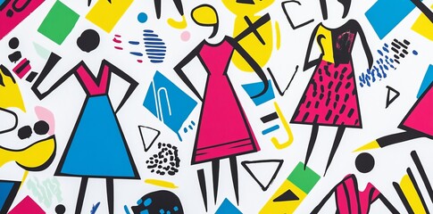 Stock image of black people talking to each other, bold colors and patterns, magazine pages with text on them