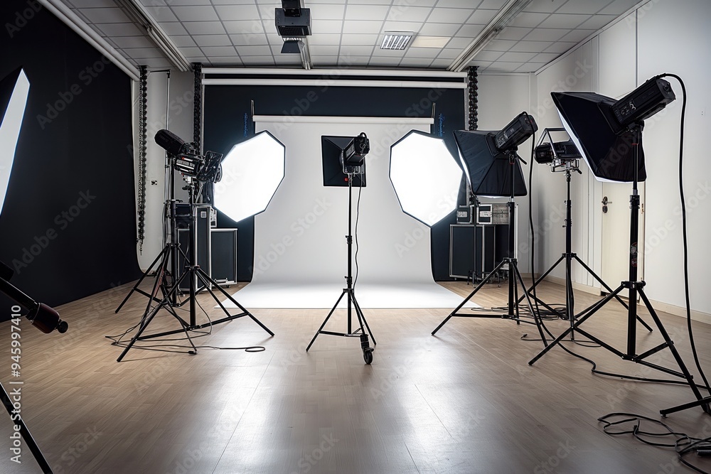 Poster empty modern studio with pro equipment. brightly illuminated room with black background. camera equi