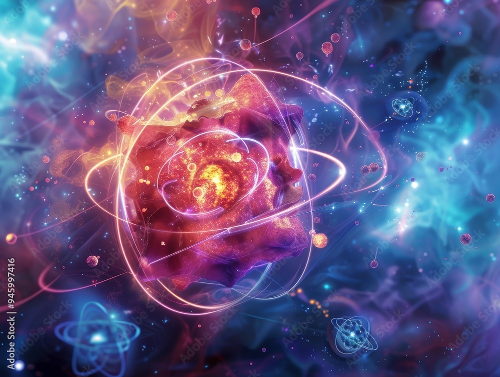 Wall mural atomic nucleus illustration depicting the structure of an atom with interactive particles and a vivi