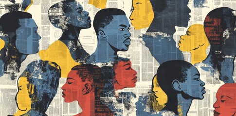 Fototapeta premium A colorful pattern of silhouettes of people with their faces made from collaged newspaper pages