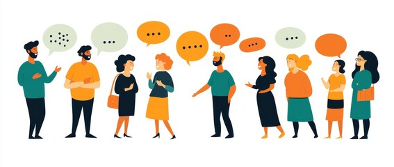 Fototapeta premium A minimalist flat illustration of two people talking with speech bubbles on a white background in an art-inspired style, with a diverse group of friends speaking together in a colorful style