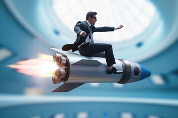 Man in business attire flies on rocket, soaring to great heights. Concept of success and speed is represented by rocket trajectory. Businessman career and pro life are taking off.