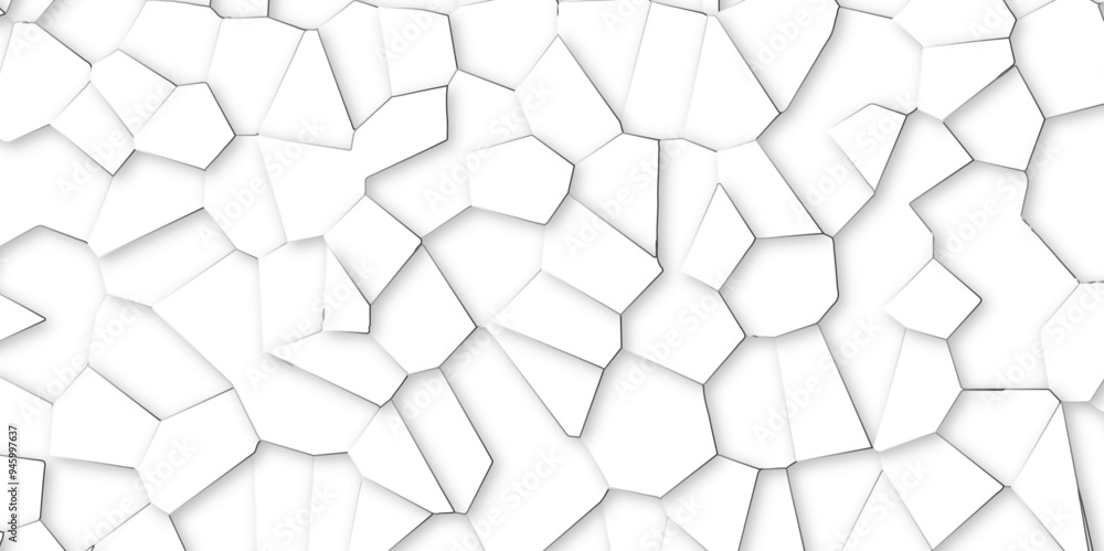 Poster Abstract white broken stained-glass background with white line. geometric seamless pattern with 3d shapes triangle background. white low poly crystal mosaic and tiles background pattern.