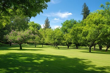 Obraz premium Beautiful green lawn with trees, bushes on bright summer day. House with brick architecture, windows in background. Path leading to chair under shaded area. Sun shining through foliage. Peaceful