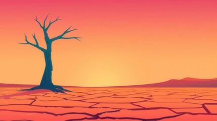 Desertification, cracked earth with dead tree, flat design illustration