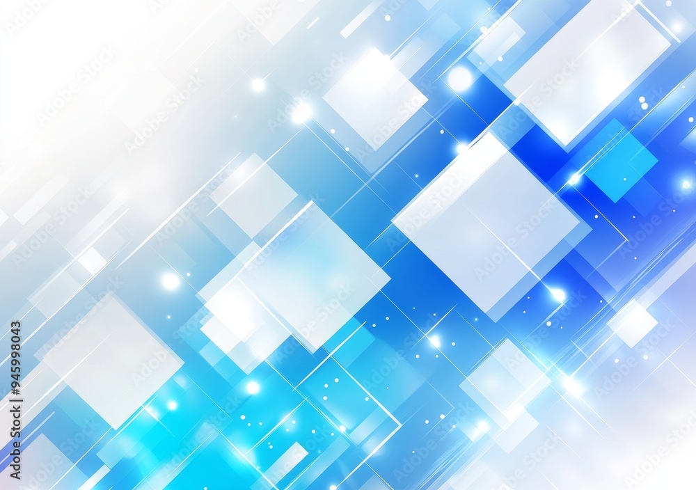 Poster background with geometric shapes over a light blue background with diagonal lines and square element