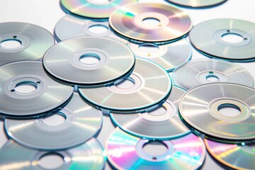 Stack of many blank CDs isolated on white background. Close-up of plastic discs in various colors. CD collection, music storage, digital media, computer storage, blank discs, recordable media,