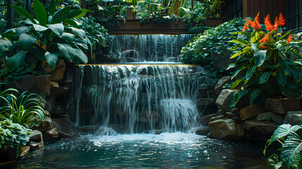 Luxurious waterfall garden inside the house,16K,photostock style