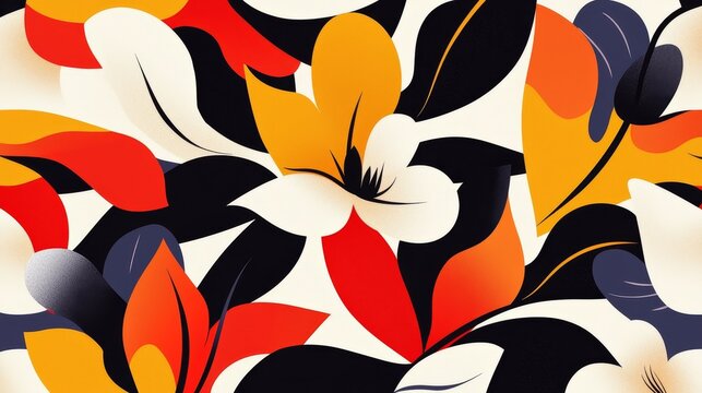 A pattern of abstract flowers and petals, with bold colors and dynamic shapes